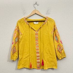 SAVANNA JANE Top Blouse Marigold Yellow Embroidered Cotton Aztec Tribal